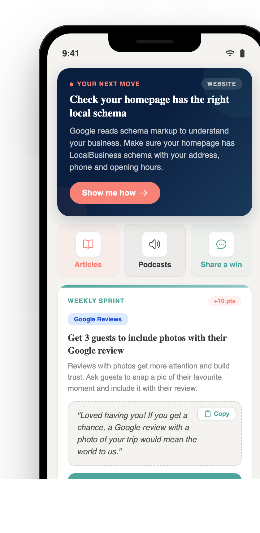Pocket Rocket app showing marketing tips and weekly sprints for tourism operators